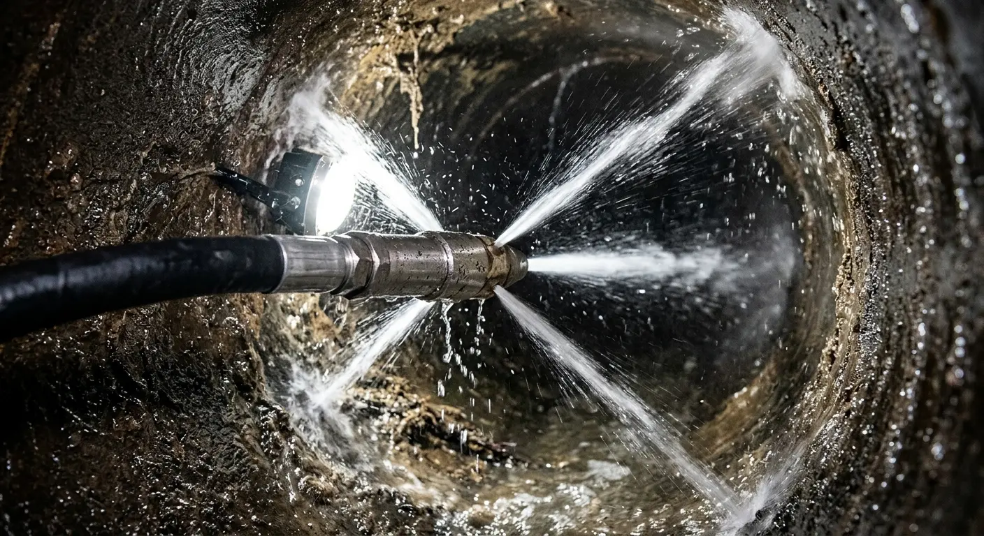 High-pressure hydro jetting nozzle cleaning sewer pipe for Sewer Line Relining in Harrison